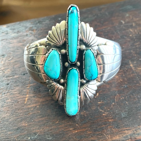 Navajo Turquoise and Sterling Wide Cuff Bracelet - Picture 3 of 16